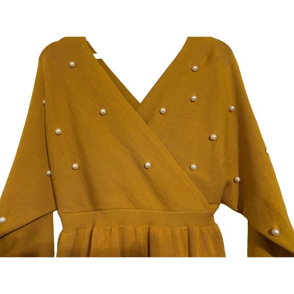 Mustard V-Neck Sweater with Pearl Accents - Picture 7 of 15